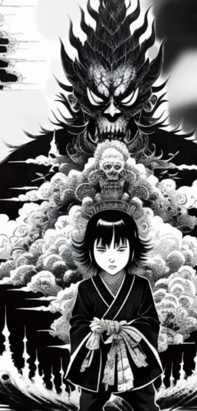 Black and white anime art with mystical and fantasy elements.