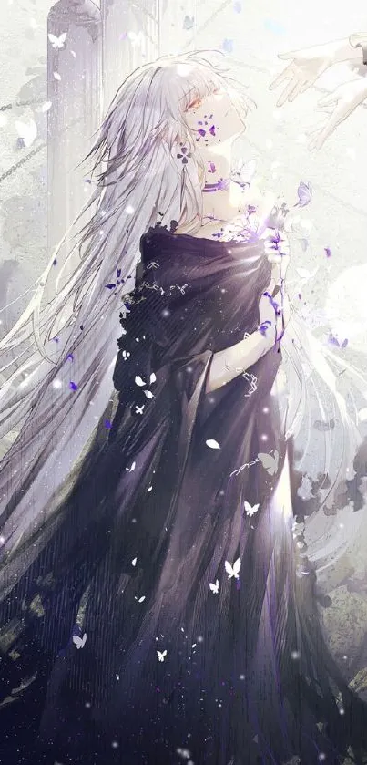 Ethereal anime artwork with flowing hair in a mystical scene.