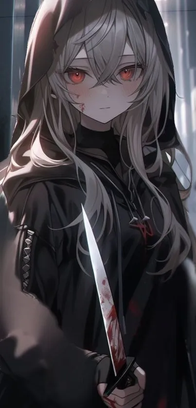 Anime character with knife in a hooded cloak on dark background.