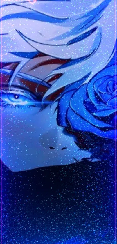 Anime wallpaper featuring blue hues and a mystical rose design.