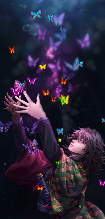 Anime character reaching for colorful butterflies in a mystical scene.