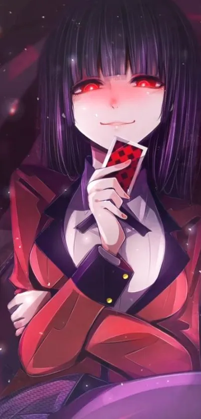 Anime character holding cards with glowing eyes and dark red theme.