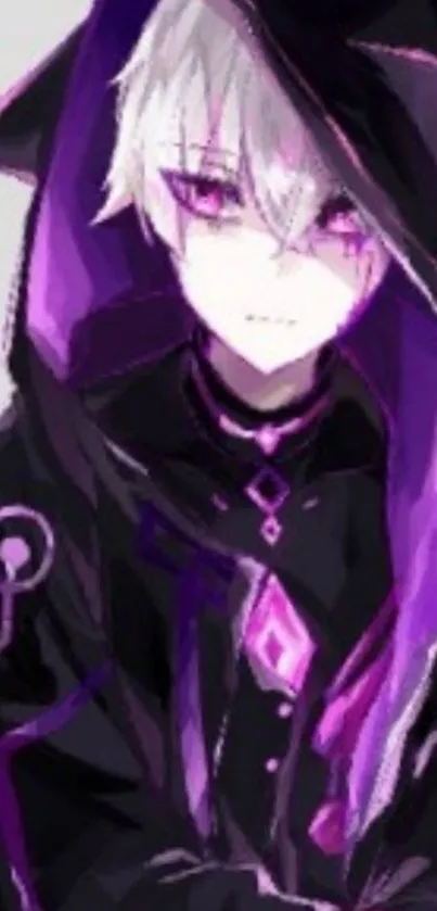 Mystical anime character with purple eyes and dark cloak in vibrant colors.