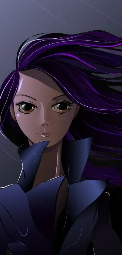 Anime character with flowing purple hair in a dark, mystical setting.