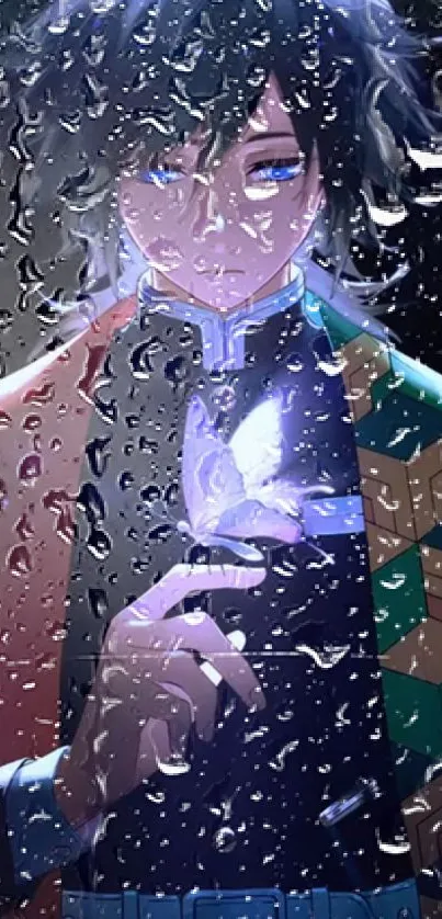 Anime character with glowing butterfly on rainy glass.