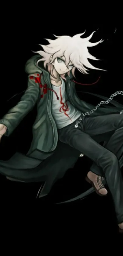 Anime character with white hair on a dark background, featuring red accents.