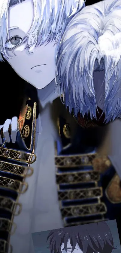 Anime character in detailed attire with white hair against a dark background.