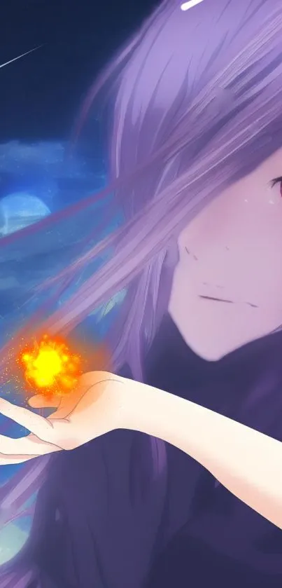 Mystical anime character holding a glowing flame with a purple cosmic background.