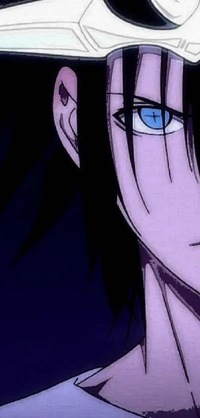 Anime character with blue eyes and dark hair in a mystical style.