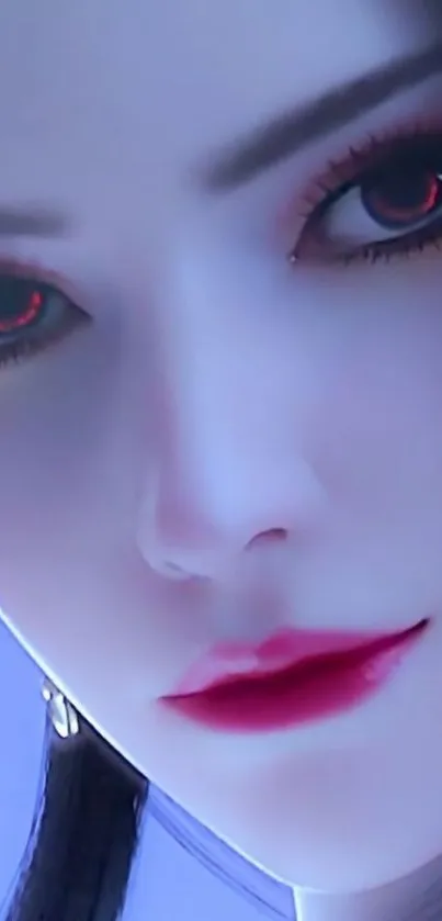 Close-up of mystical anime character with red eyes and light blue hues.