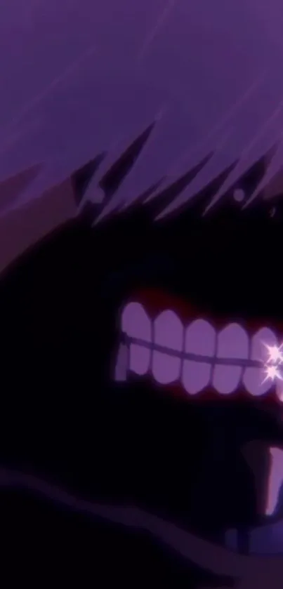 Close-up of a mystical anime character with glowing eyes and a toothy grin.