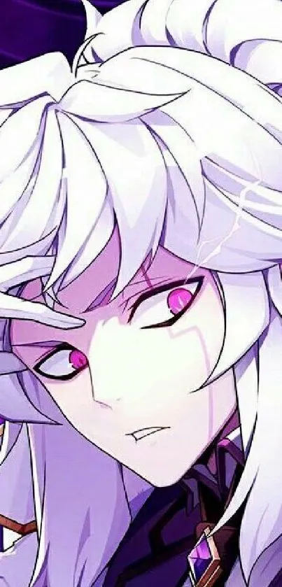 Anime character with white hair and vibrant purple eyes in a mystical design.