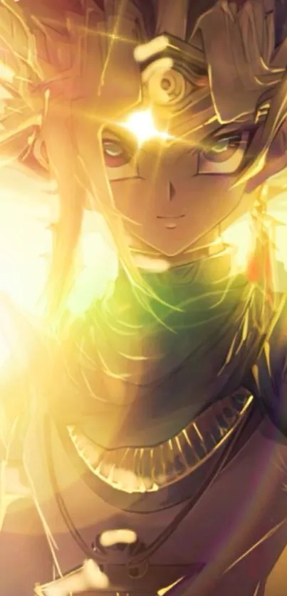 Anime character with golden aura and mystical glow on phone wallpaper.