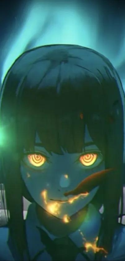 Anime character with glowing eyes in a mystical scene.