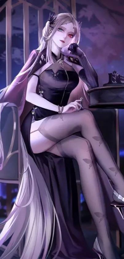 An elegant anime character seated in a mystical setting with a purple theme.