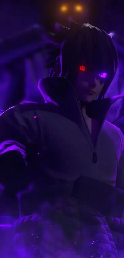 Anime character with glowing purple eyes and a mystical aura.