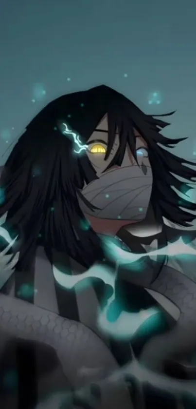 Mystical anime character with dark hair and glowing eyes.