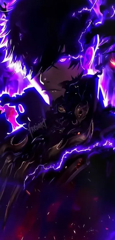 Anime character surrounded by purple lightning and shadows.