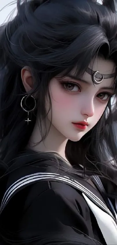 Mystical female anime character with dark hair and crescent moon accessory.