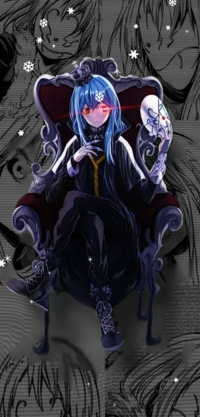 Anime character in dark themed art with blue hair and mask on elegant chair.