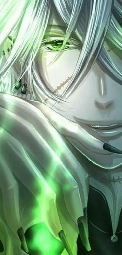 Anime character with green highlights and mysterious expression in a captivating design.