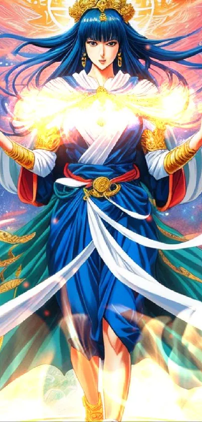 Mystical anime character in blue and gold with a celestial background.