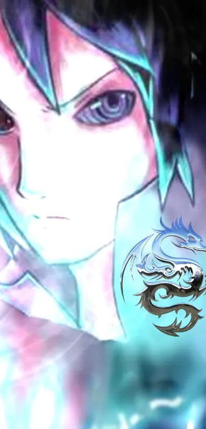 Anime character with dragon motif on a blue ethereal background.