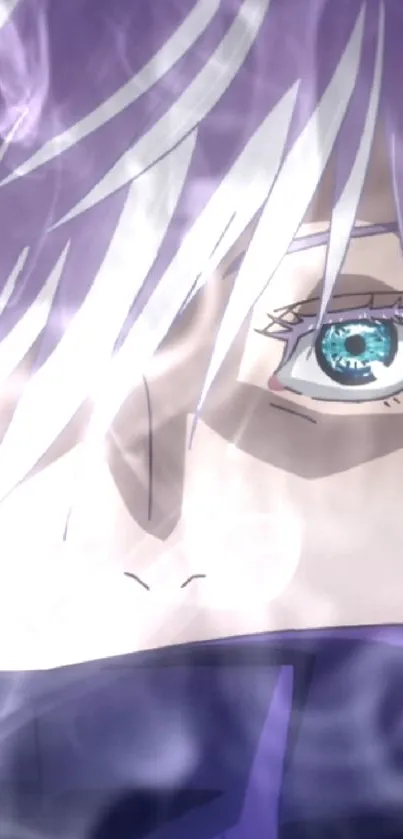 Anime character with blue eyes and white hair, dark blue collar.