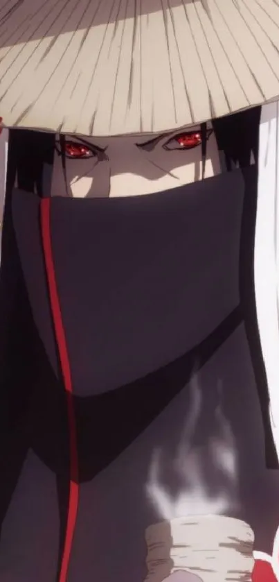 Anime character with red eyes and hat in dark cloak.