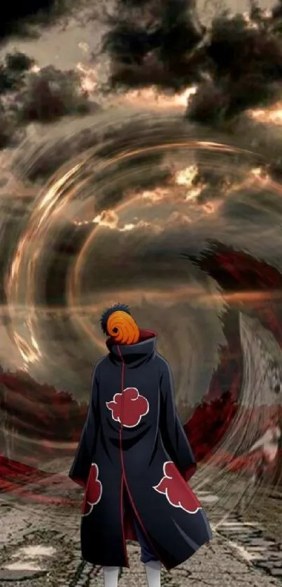 Anime character in a dark, swirling vortex with red and orange accents.