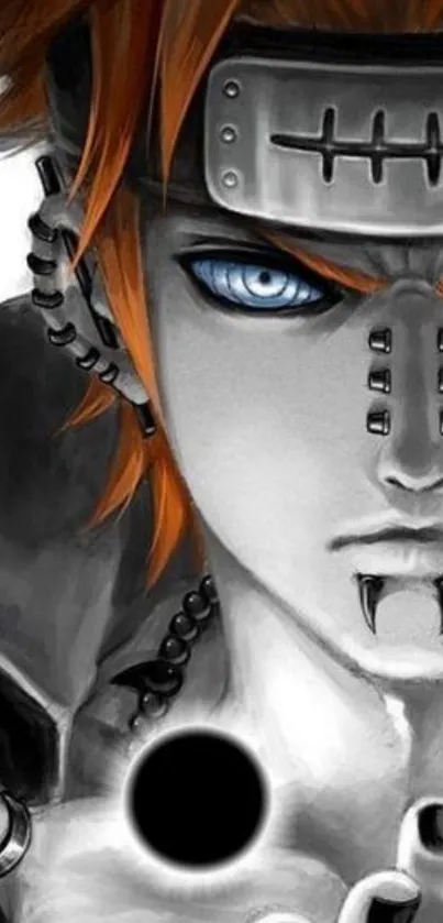 Anime character with orange hair and blue eyes on a monochrome background.