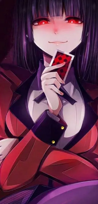 Anime character with red eyes and dark attire holding a card.