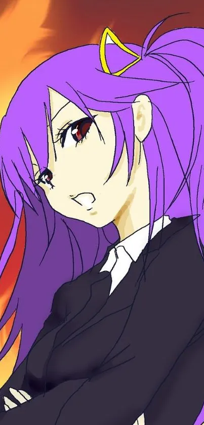 Anime character with purple hair and fiery background wallpaper.