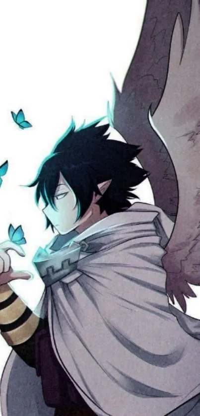 Anime character with butterflies and wings in a mystical setting.