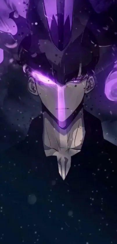 Mystical anime character glowing with purple energy in a dark setting.