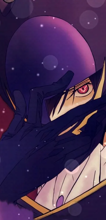 Anime character with red eyes and a mystical aura in purple tones.