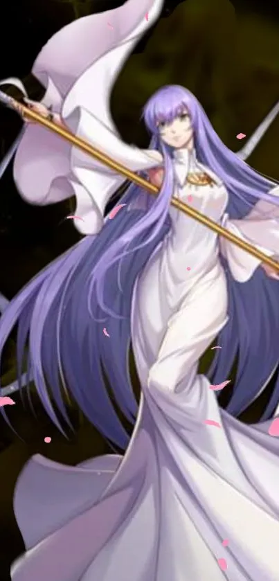 Anime character with purple hair and white gown, holding a staff.