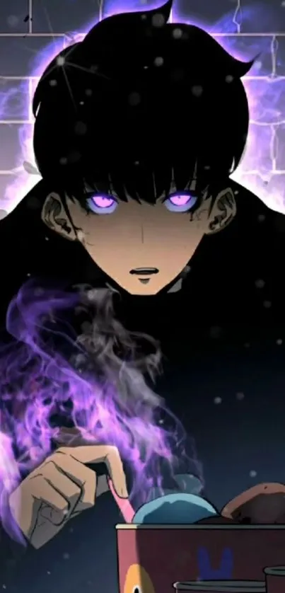 Anime character with purple aura and vibrant colors in dark setting.