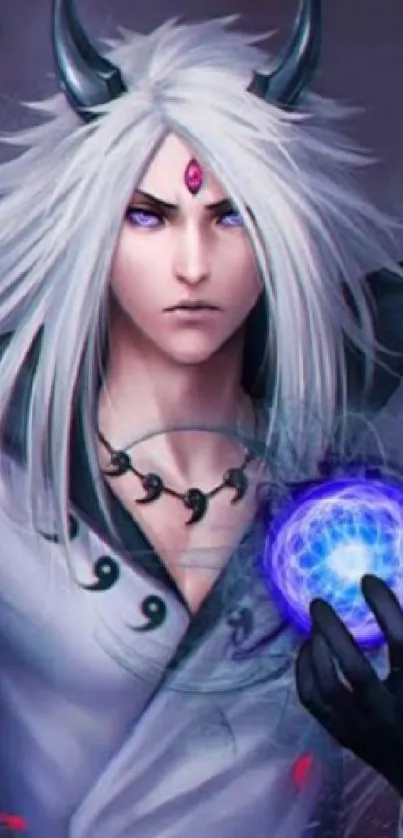 Mystical anime character with white hair and purple eyes holding a glowing orb.