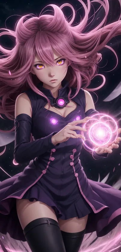 Anime girl with pink hair and a glowing orb on a purple background.