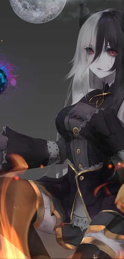 Anime demon girl with dark and white hair in fantasy setting.