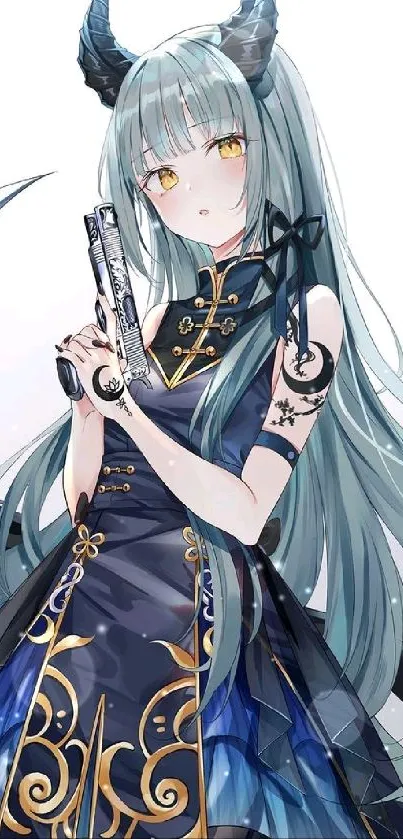 Anime demon girl with horns in a blue dress, holding a sword, fantasy art.