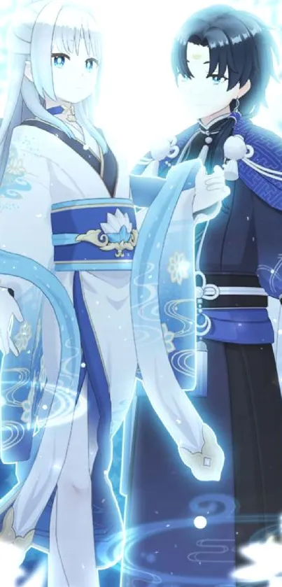 Anime duo in vibrant blue cloaks with mystical aura.