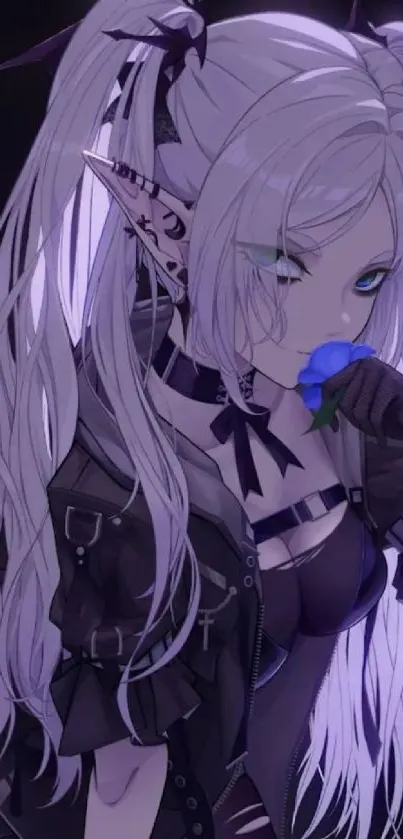 Mystical anime elf with long hair holding a blue rose.