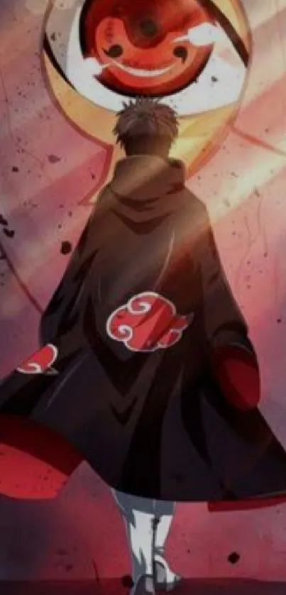 Anime character with glowing eye in a red-themed cloak.