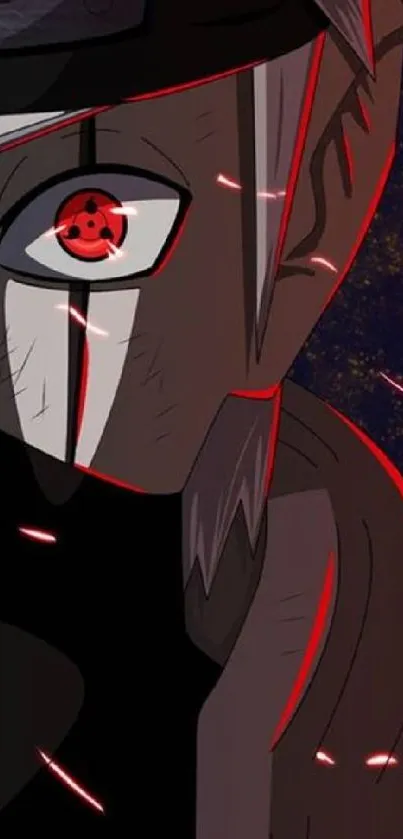 Anime wallpaper with mystical red-eyed character in dark tones.