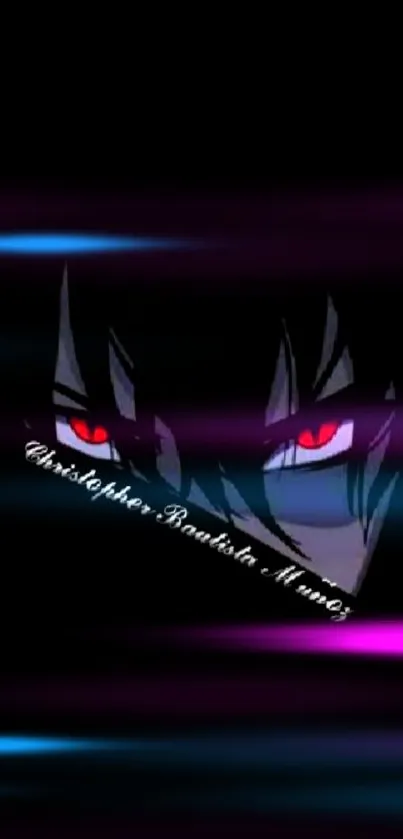 Anime wallpaper with red eyes on a dark background featuring mystical design.