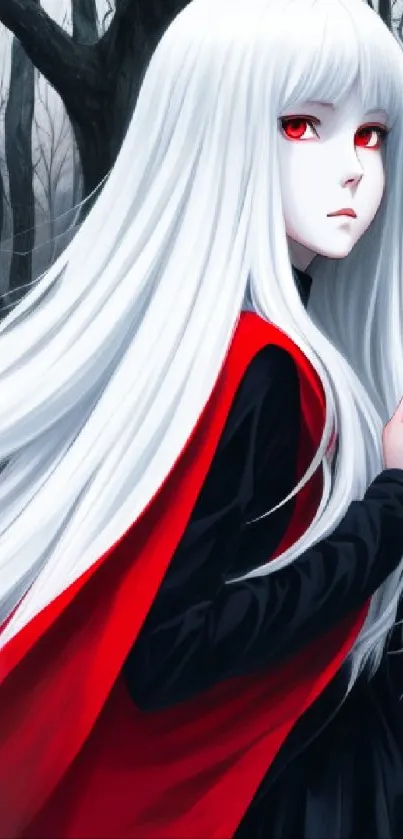 Anime character with red cape in dark forest.