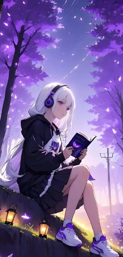 Anime girl reading in a purple forest.