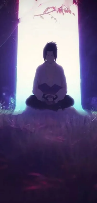 Anime character meditating in a mystical forest with purple glow.